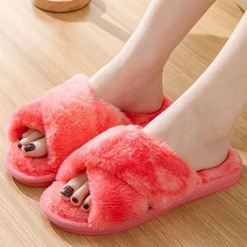 New Fluffy Rainbow Cross Strap Winter Slippers for Women Soft Warm Plush Indoor House Slippers Woman Comfort Fur Non Slip Slides