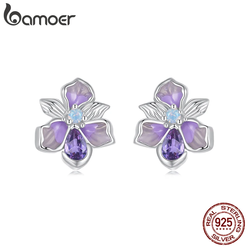 BAMOER Gold Plated Iris Flower Earrings, 925 Sterling Silver Dainty Opal Studs Flower Earrings for Women Birthday Gift for Her