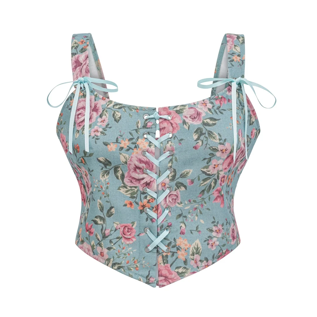 

Blue Floral Printed Overbust Lace Up Straps Vintage Corset Vest Woman Bustier Crop Top Sexy Steampunk Lingerie Gothic Clothes