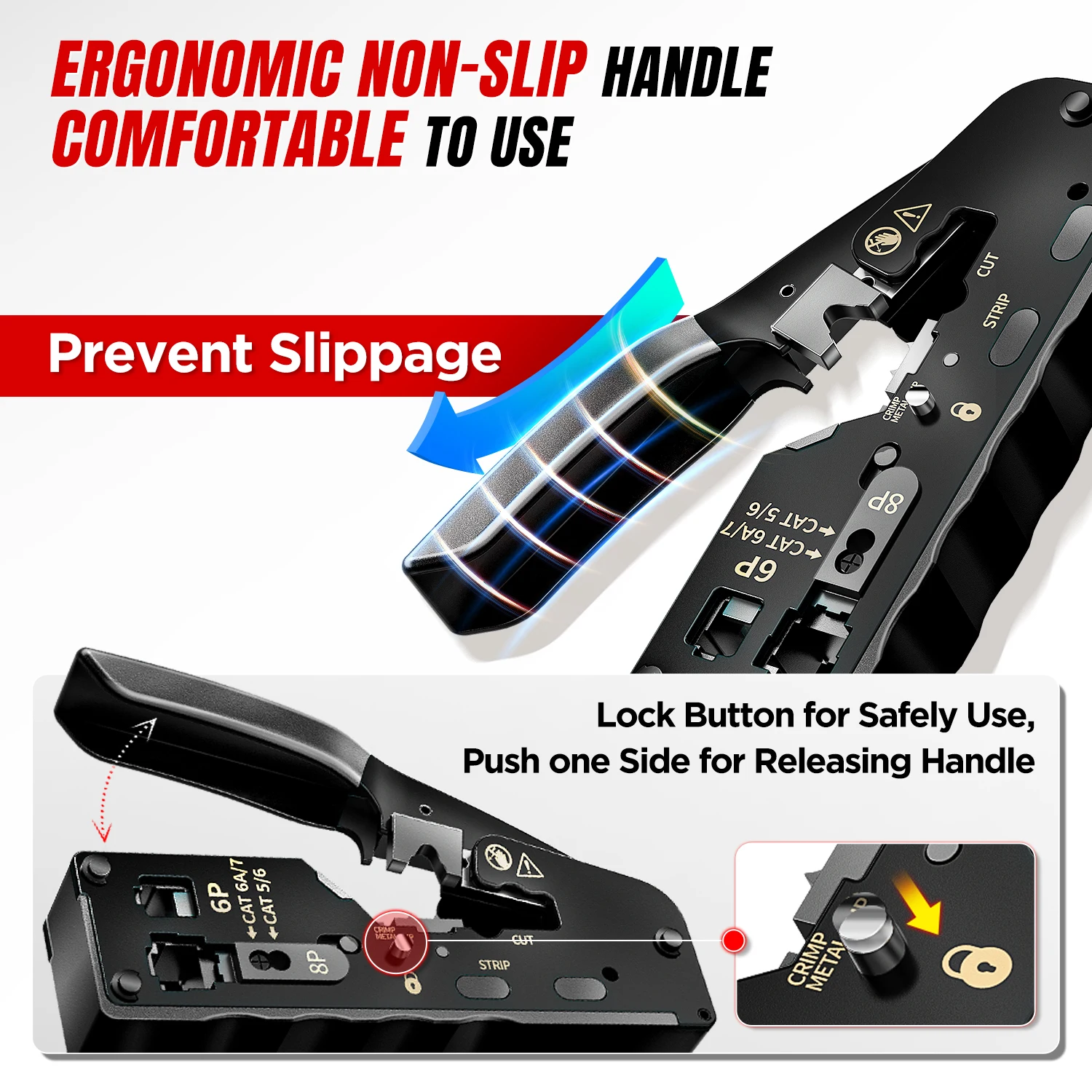 AMPCOM rj45 Crimpatrice CAT7 Strumento di crimpatura per passaggio attraverso RJ11 RJ 45 Connettore CAT6 CAT5E Spine modulari con taglierina spelafili