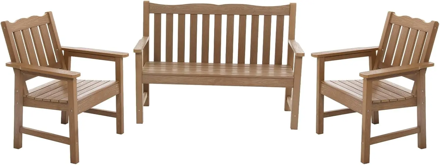 

All-Weather Garden Bench & Chairs Set, 3-Piece Patio Furniture Set, Include 2 Garden Chairs and 1 Garden Bench, Teak