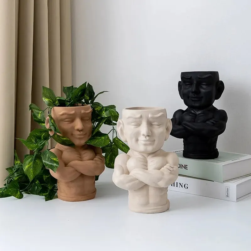 Nordic Resin Muscular Male Flowerpot Art Plant Potted Container Succulent Pot Figure Statue Gardening Decorative Vase Ornaments