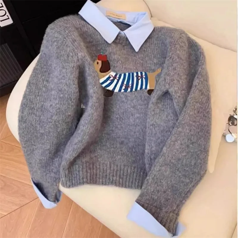 Dog Cartoon Soft Grey Fake Two-piece Shirt Collar Knitted Sweater Women's Top 2024 Autumn New Item Lapel Sweater Winter