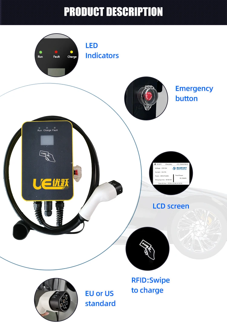 UE 22KW Type 2 home three phase 32A ev charger wall-mounted level 2 IEC 62196-2 normal electric car charging station