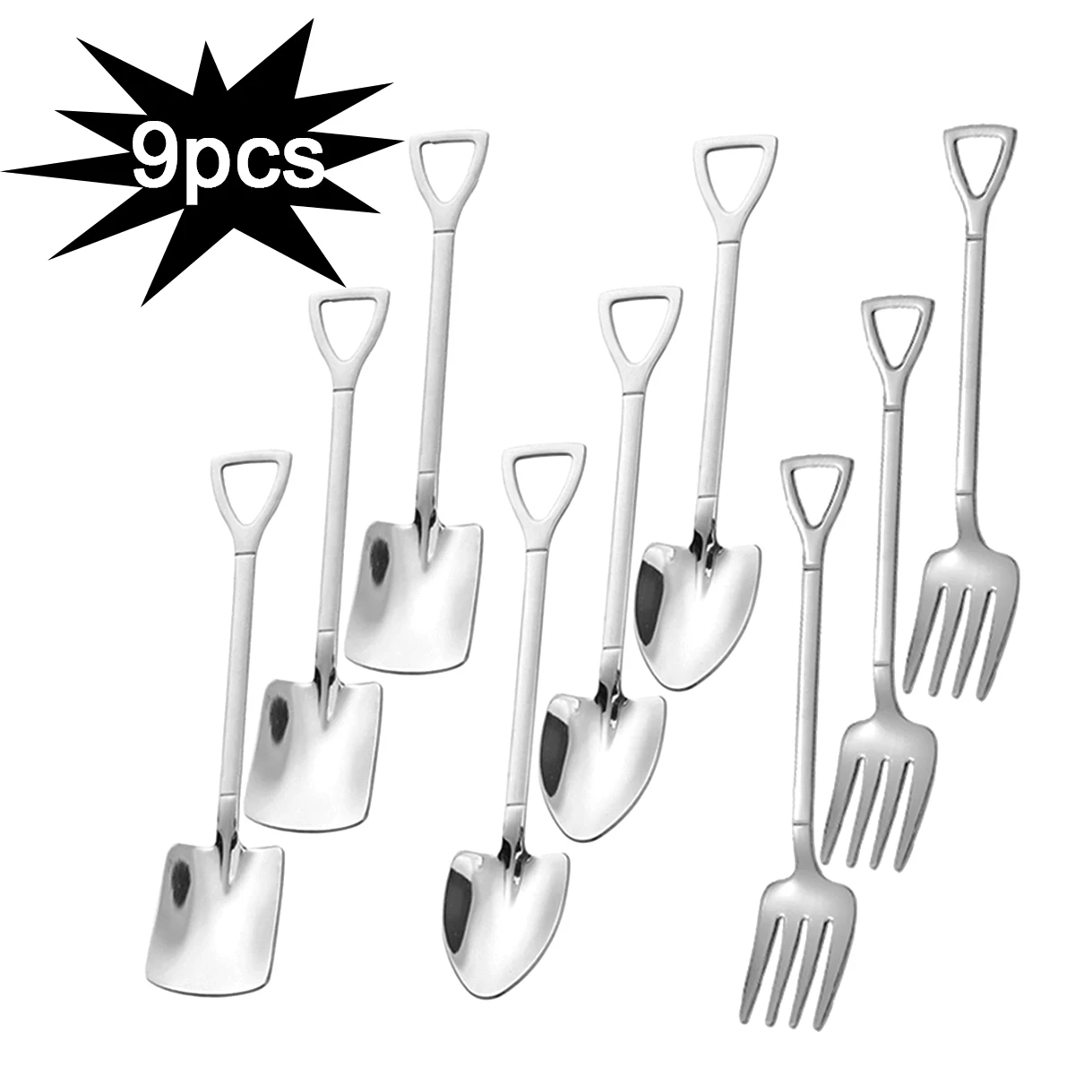 9pcs Stainless Steel Square Spade Fork Pointed Shovel Dessert Cake Fork Spoon Fruits
