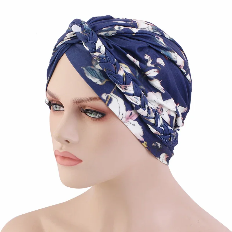 Gorro de quimio con estampado para mujer musulmana india, turbante trenzado, gorro Hijab, gorro para la pérdida de cabello, pañuelo étnico bohemio, cubierta envolvente