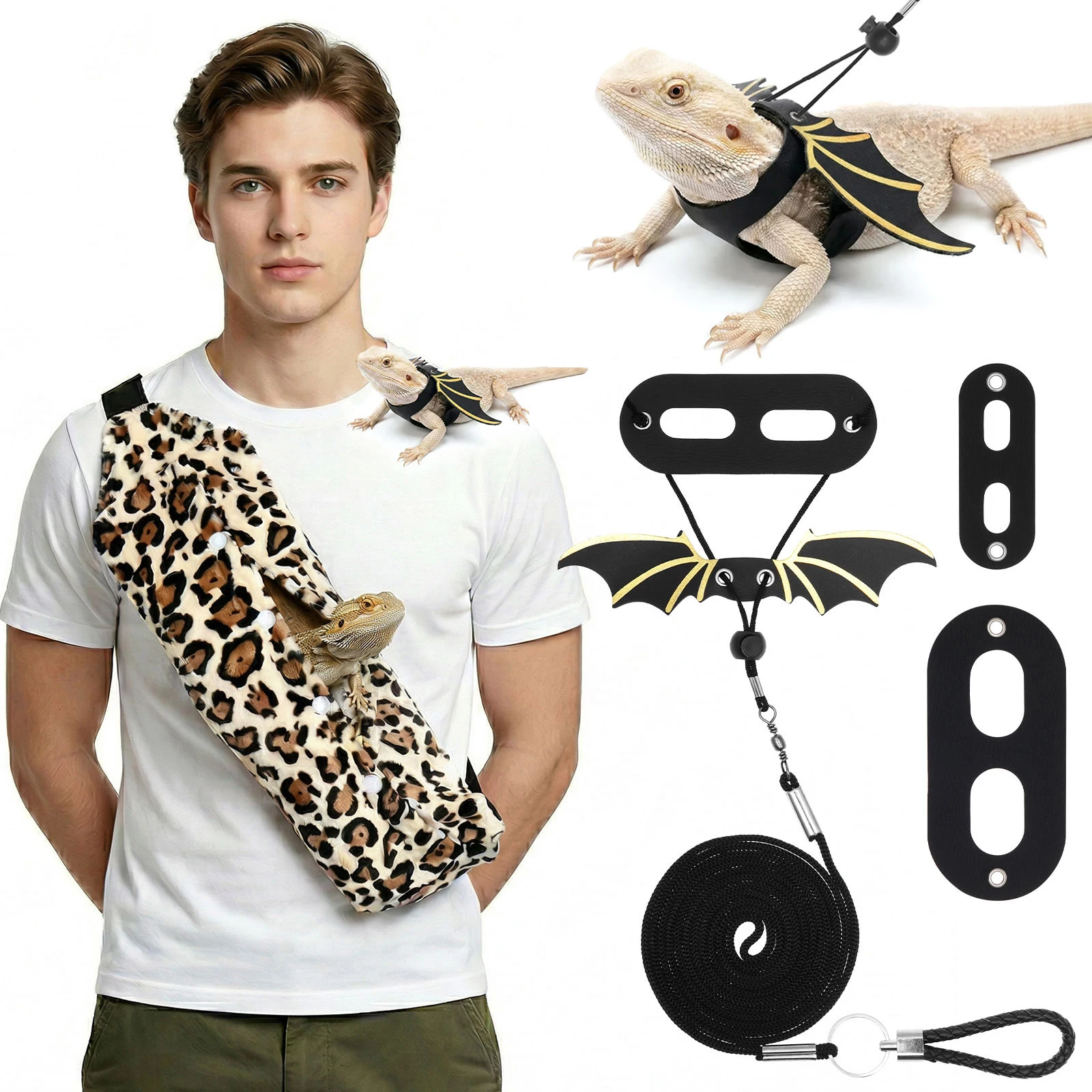 3 Piece Set Bearded Dragon Lizard Leash Harness Clothes Reptile Small Pet Backpack with Wings Adjustable Carrying Travel Bag