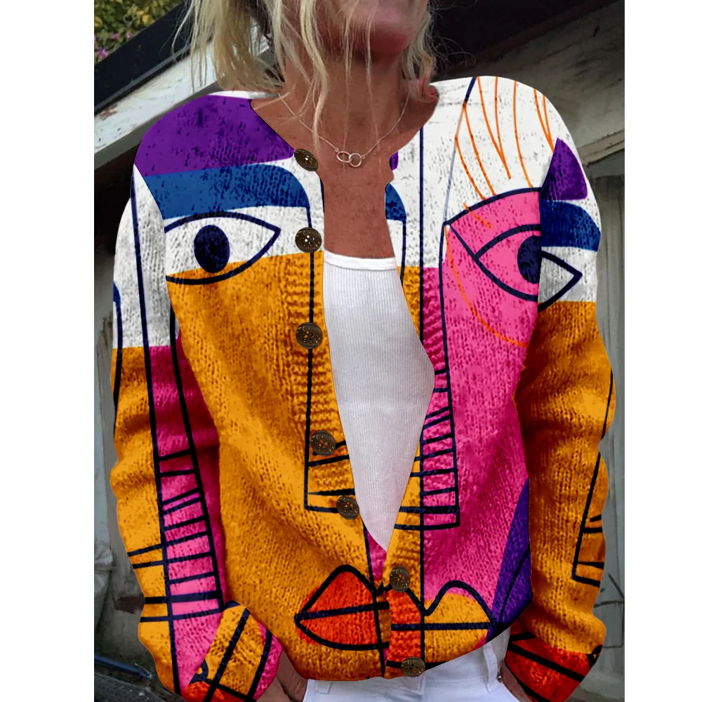 

Autumn Winter Knitted Art Face Cardigan Vintage Casual Sweater Japanese Fashion Streetwear Women Sweaters Knit Top Jumpers