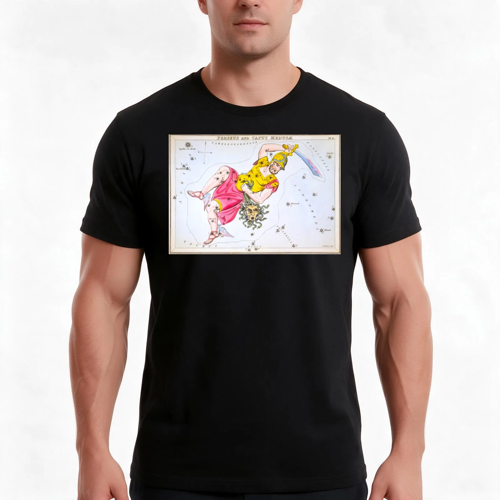 Antique Perseus and Caput Medusa Constellation Map T-Shirt, Summer Casual Cotton Tee, Oversized Streetwear Tops, 100% Cotton