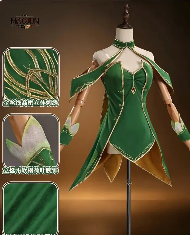 Disfraz de Liya, personaje de Dragon Nest: Trono de los Elfos. Vestido verde de elfa, conjunto completo. Disfraz de elfa Liya para Halloween y Comic Con.
