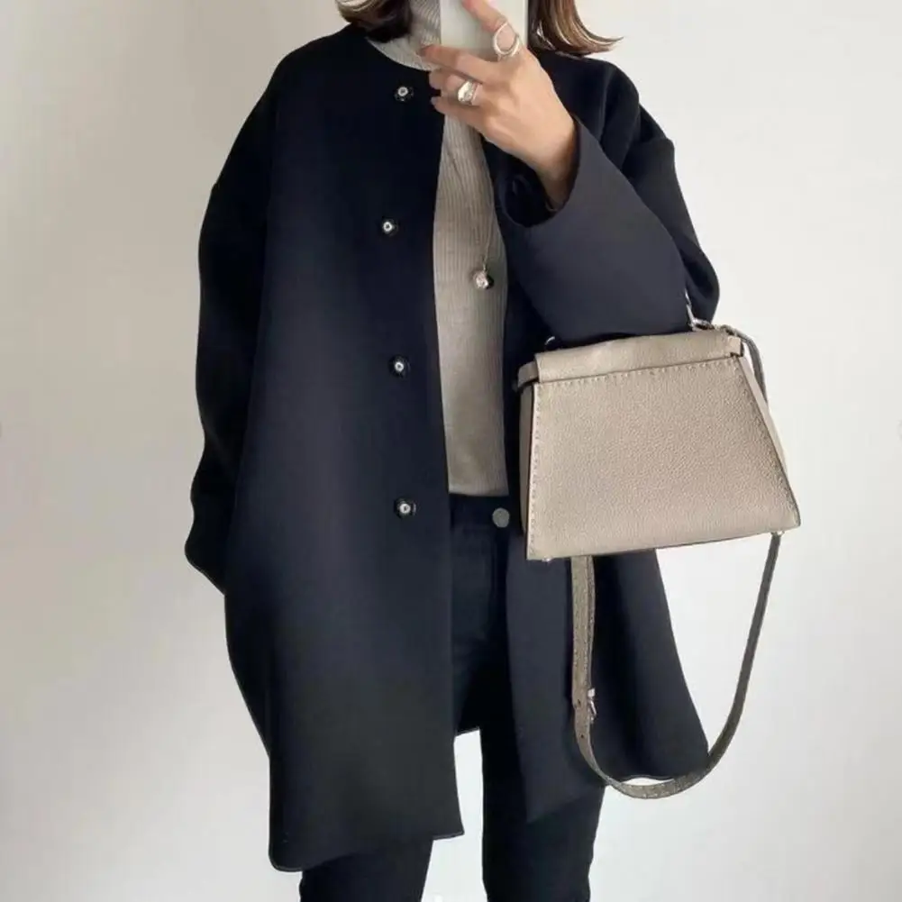 

Women Solid Color Jacket Stylish Woolen Coat for Women Button-down Round Neck Long Sleeves Mid Length for Fall for Commuting