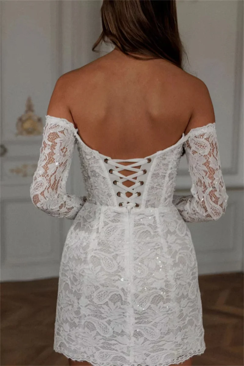 2024 Sexy Off The Shoulder Long Sleeves Full Lace Applique Short Mini Wedding Dresses Custom Made Formal Bridal Grown