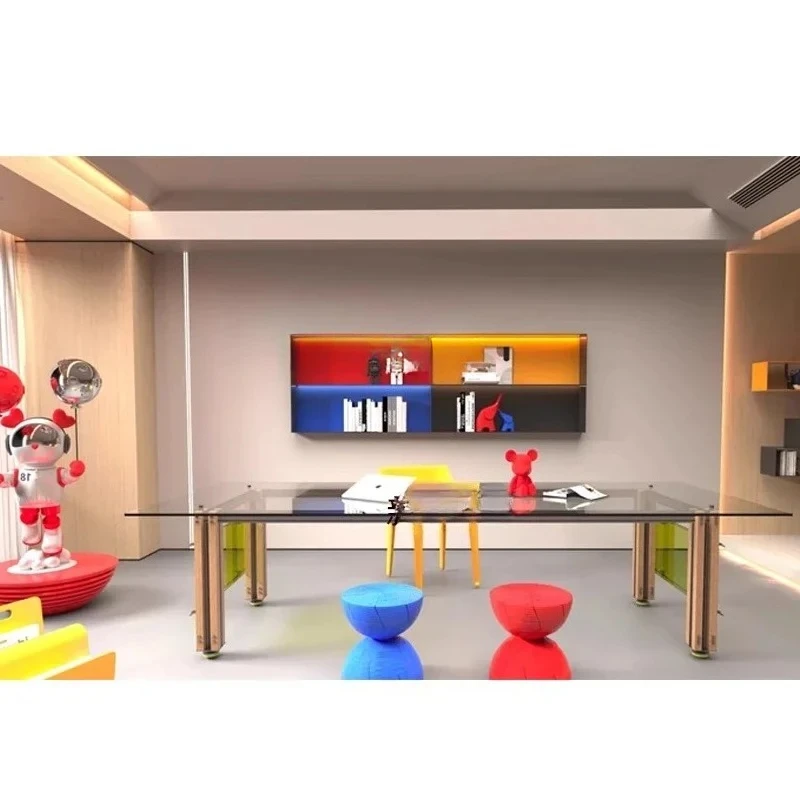 Light luxury creative home bedroom study aluminum profile work desk coffee table tempered glass table desk