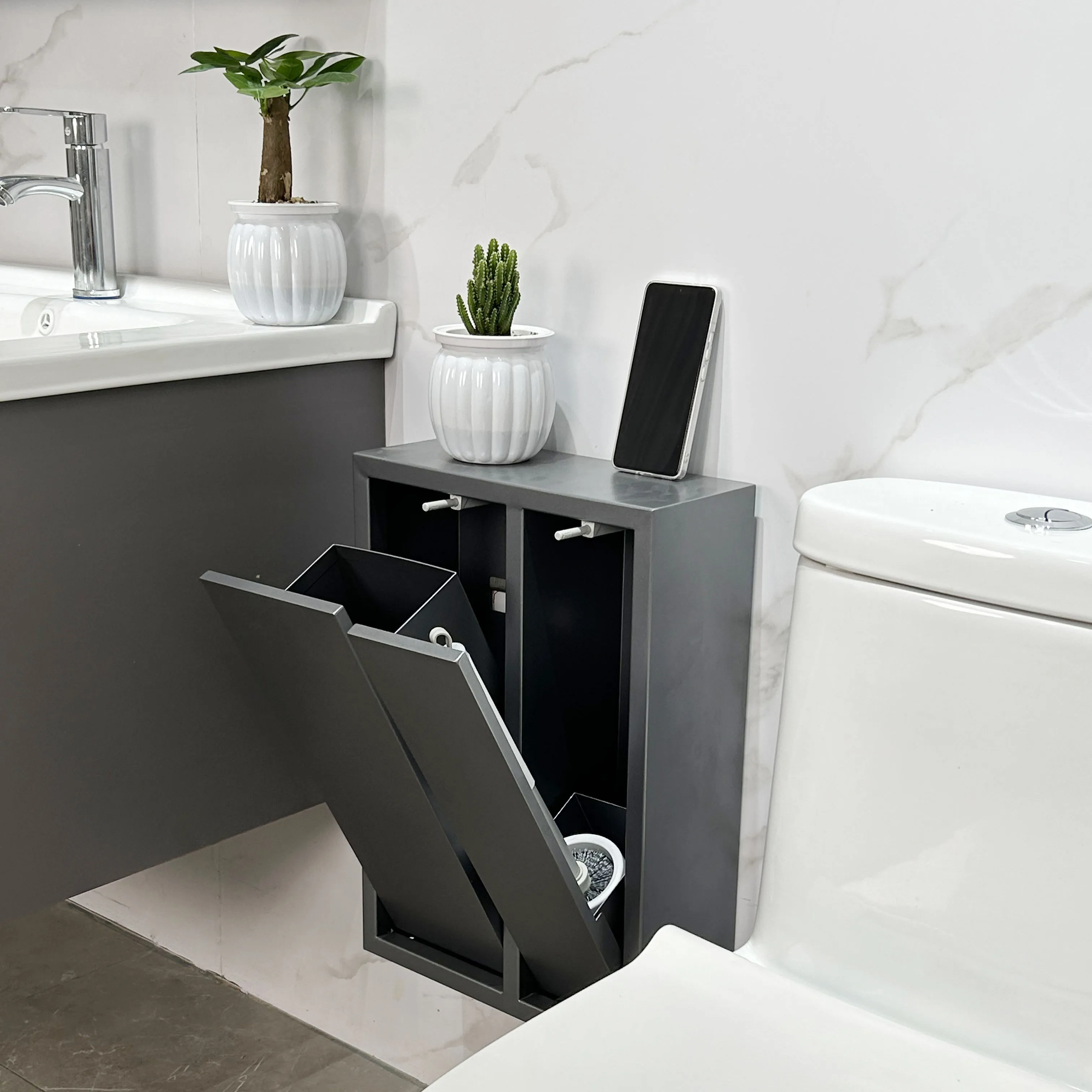 

stainless steel wall-mounted storage cabinet, rack, exposed toilet, bathroom, beside the toilet, trash can, tissue holder