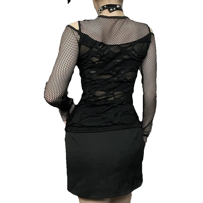 Gothic ตาข่ายแขนยาวเสื้อยืดผู้หญิง Mock คอ SLIM FIT Fishnet SHEER เสื้อ Y2k ตัด RAVE เสื้อดูผ่าน TOP