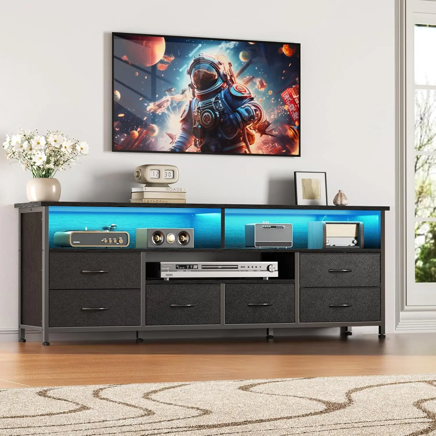 55 Inch TV Stand Entertainment Center with Power Outlets & LED Lights 6 Fabric Drawers for Living Room Bedroom, Customized
