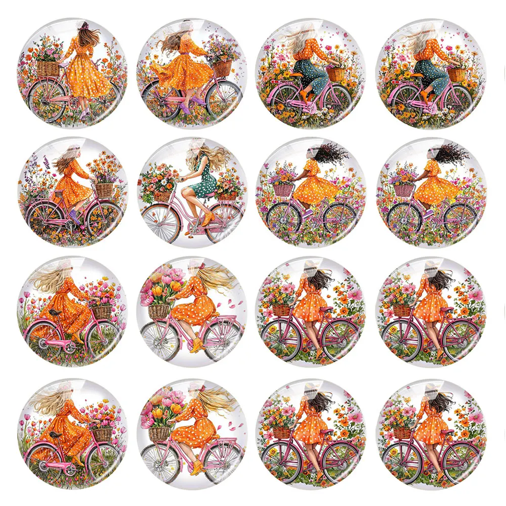 Random Mixed Round/Oval/Square Bicycle Flower Field Girl Photo Glass Cabochon Flatback Demo Cameo For Diy Jewelry Making