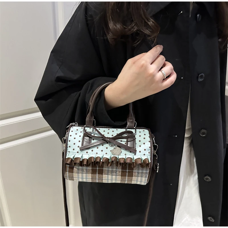 Koreanische Bogen Polka Dot Tasche Mode Bowler Tasche Farbe-blockiert Spitze Y2k Stil Handtasche Retro Süße Plaid Crossbody Zipper schulter Tasche – Detail 10