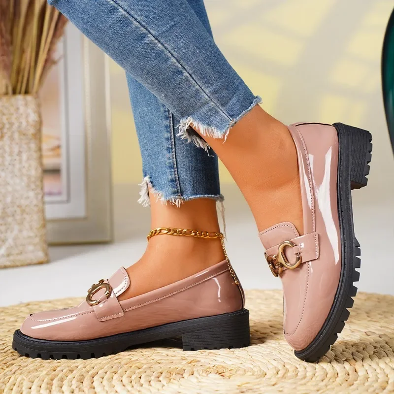 

Pop Women's Metallic Embellished Loafers Patent Leather Flats Women's Stylish Platform Black All-match Loafers Comfortable Mary