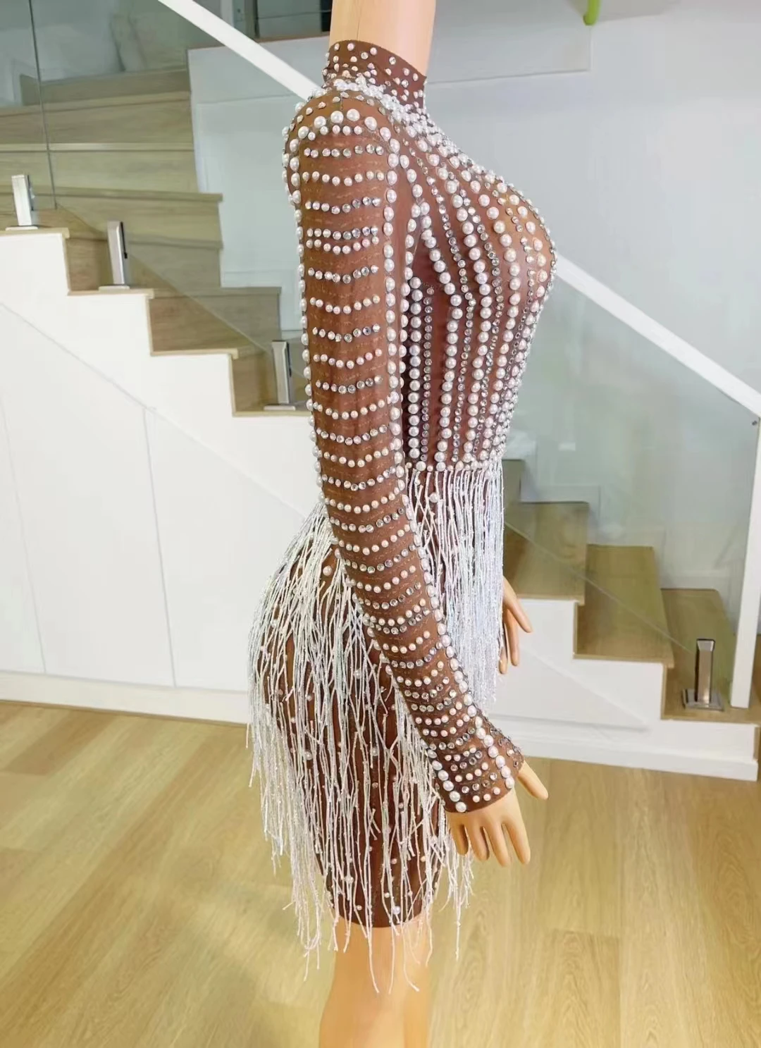 Sexy Transparent Stage Rhinestones Tassel Dress Women Singer Nightclub Mesh Dance Costume Birthday Party Catwalk Fringes Dresses