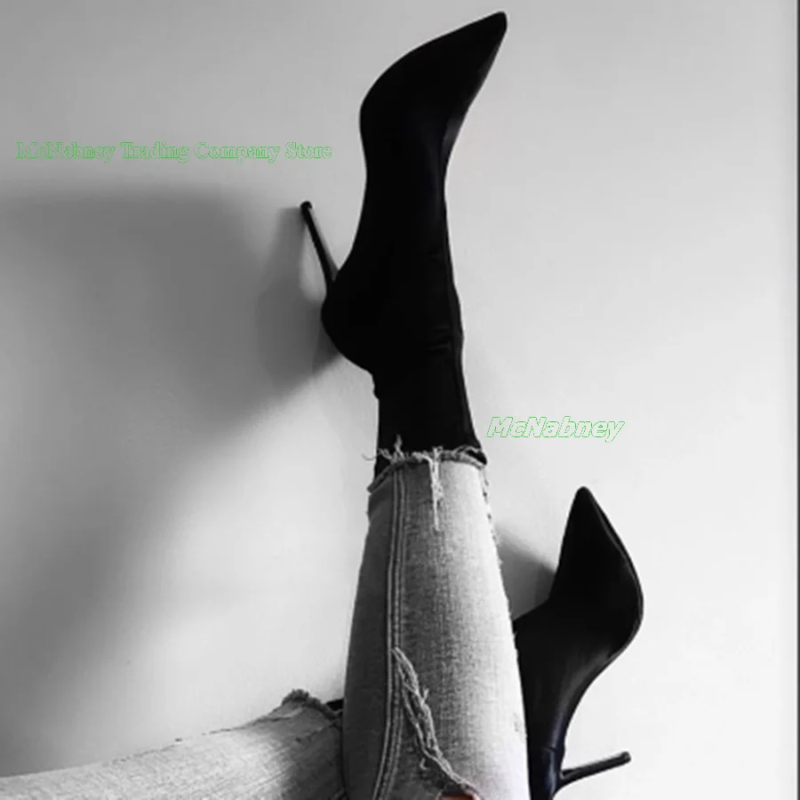 

Pointed Toe High Heel Stretchy Boots Sexy Zipper Tight Boots Black Stiletto Heeled Boots Women Shoes2023 New Zapatos Para Mujere