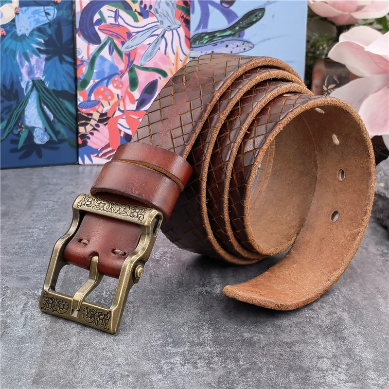 

Retro Solid Brass Belt Buckle Luxury Super Thick Genuine Leather Belt For Men Ceinture Mens Belt Leather Wide Belt Male MBT0618