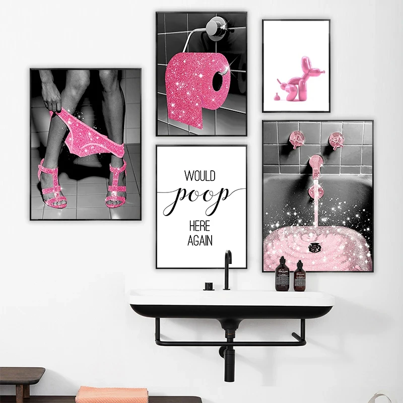 WC Toilet Wall Art Poster Sexy Woman Fashion Decorative Painting Pink Glitter Bling Roll Paper Bathroom Prints Canvas Pictures