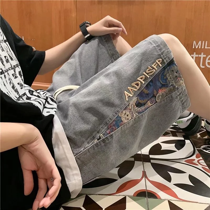 

Retro Hong Kong Sle Men's Denim orts Summer Bear Patchwork Embroidery Casual Loose Fit Five-Quarter Length Trendy Jeans