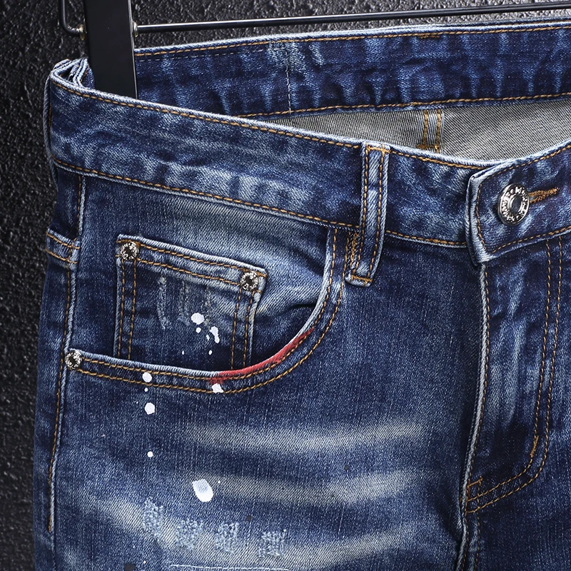 Y2KStreet-pantalones vaqueros nuevos de moda, vaqueros azules Retro con pintura de arrugas nostálgicas lavadas, pantalones adelgazantes elásticos, Hombre