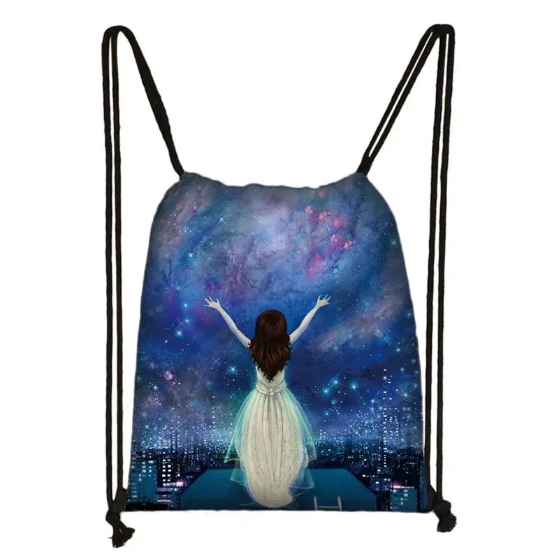 Galaxy / Starry Night Print Drawstring Bags Women Travel Bag Fashion Teenager Girls Canvas Softback Backpack Female Storage Bag