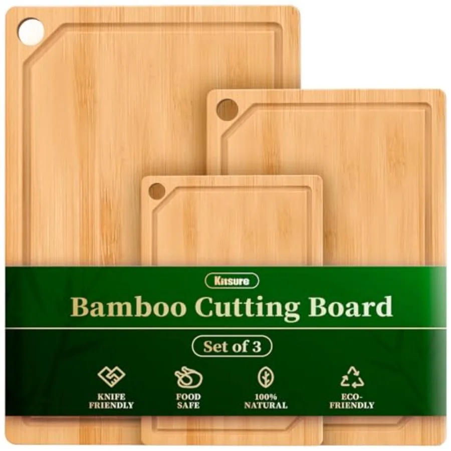 

Kitchen Cutting Board Set - 3-Piece Wooden Cutting Boards for Kitchen with Juice Groove, Handles, Hang Holes, Stylish Kitchen E