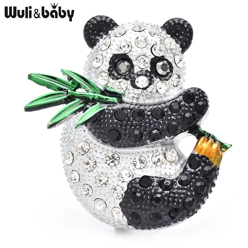 Wuli&baby Eating Bamboo Panda Brooches Women Good Quality Lovely Rhinestone Enamel Fat Panda Animal Party Office Brooch Pins