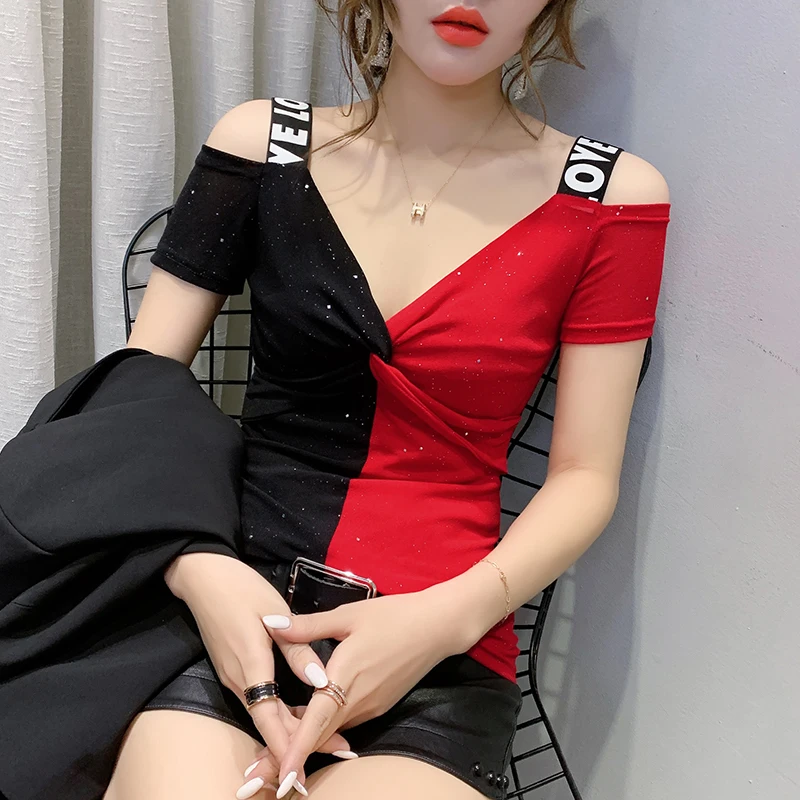 

Sexy oulder Bared V-Ne T-irt Women's ort Sve Summer Faion Color Blo Trendy Top Strap Small irt Women