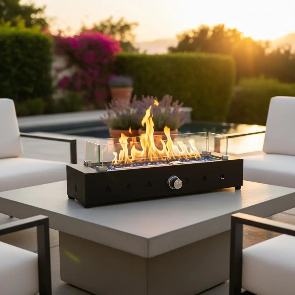 Portable Outdoor Tabletop Propane Fire Pit - 40,000 BTU, Glass Wind Guard, Blue Glass Beads, Black, for Patio and Camping