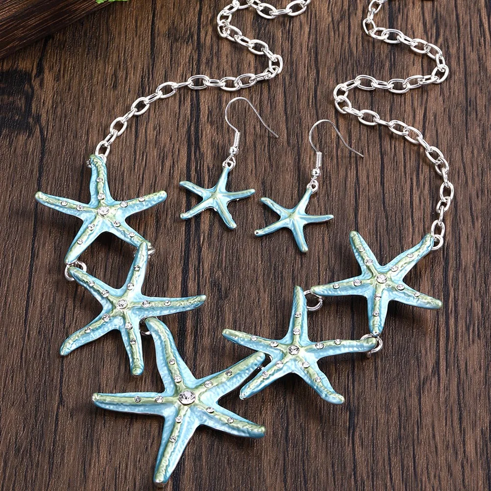 Women's Blue Enamel Geometric Necklace Set, Elegant Gift
