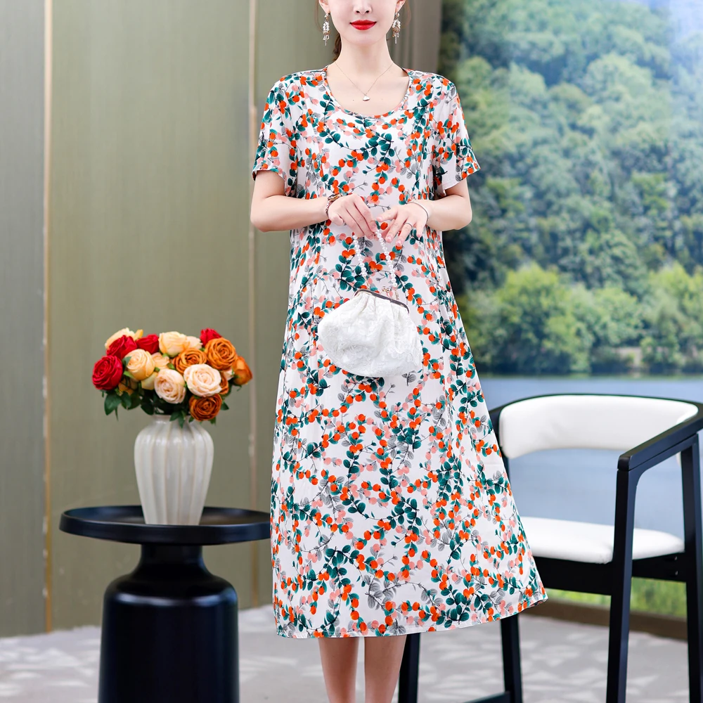 New Fashion Casual 2023 Summer Elegant Dresses For Women O-Neck Print Vintage Short Sleeve Dress Loose Women Clothing