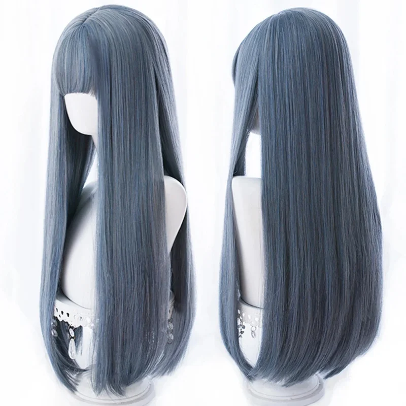 HOUYAN Long straight hair synthetic wig lady powder white bangs gray blue mixed color gradient cosplay lolita wig heat-resistant