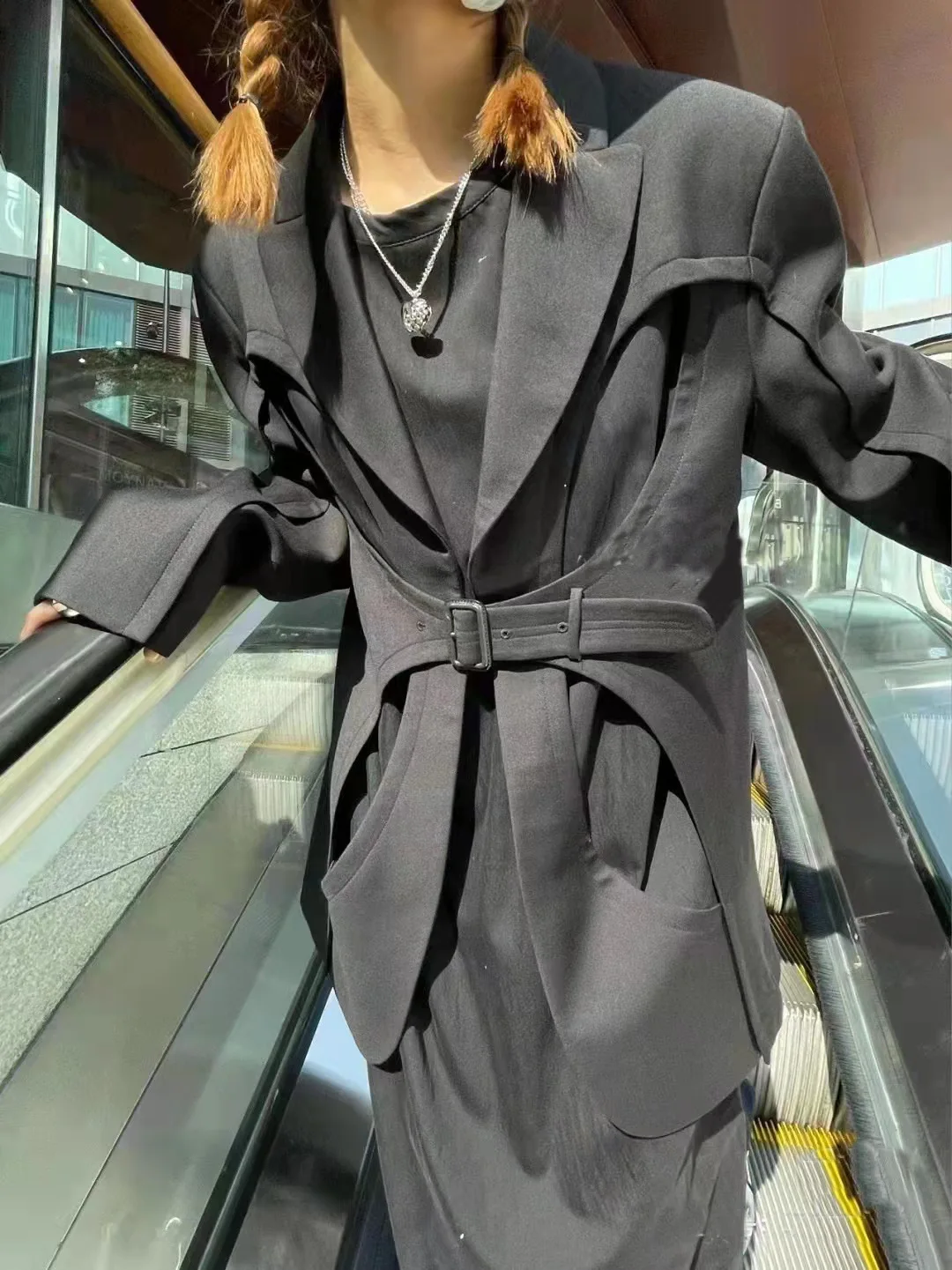 

Hollow Women Suits 1 Piece Blazer With Belt Formal Office Lady Business Work Wear Fashion Girl Long Coat Jacket Prom Dress