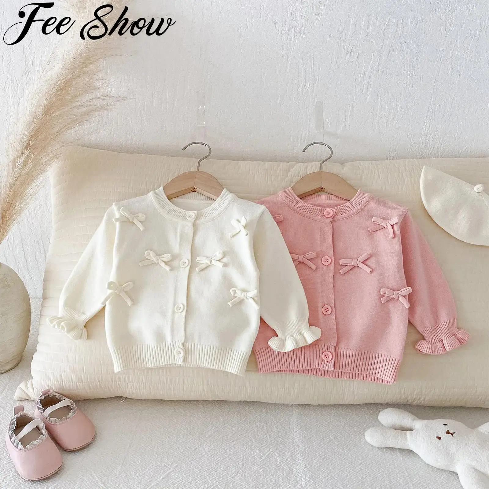 

Милый кардиган с бантом для маленьких девочек, свитер с рюшами и манжетами, длинными рукавами и пуговицами, вязаная верхняя одежда, топы, весенне-осенняя одежда