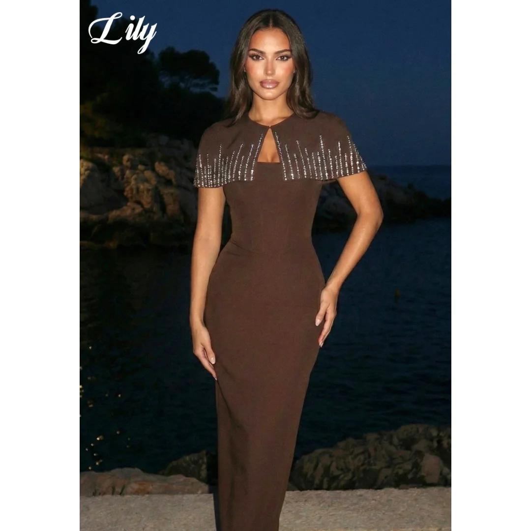 

Lily Brown Prom Dress 2026 Sequined Beaded Capelet Sleeve Corset Bodice Sheath Silhouette Formal Evening Party Gown Customized