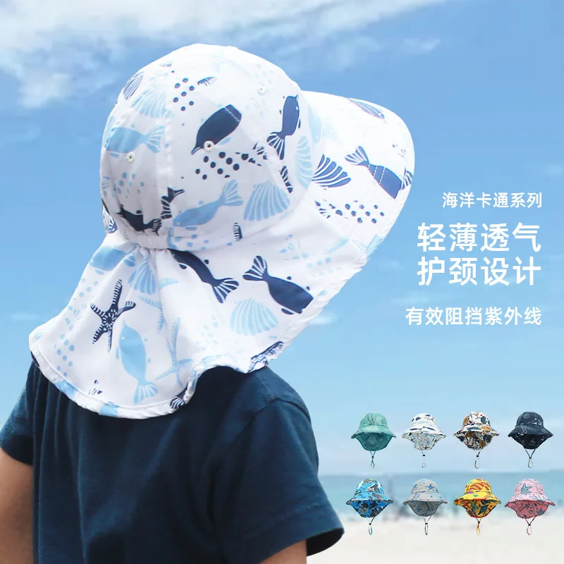 

Ocean Style Children's Neck Sun Hat Baby Sun Protection Hat Wide Brim Bucket Hat Beach Hat