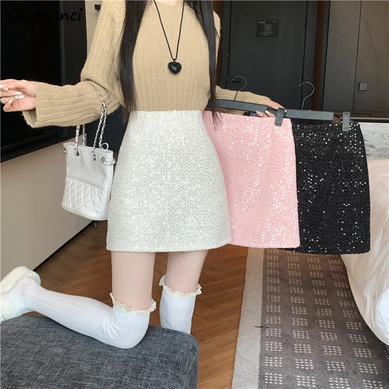 

Mini Skirts Women Chic Sequined Woolen Solid Slim Empire All-match Hip Wrap Autumn Winter Female A-line Elegant Popular Design