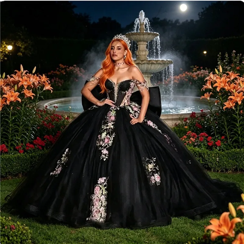 Robes de Quinceañera personnalisées, élégantes et gracieuses, en tulle noir scintillant, avec grand nœud et appliques en dentelle, style robe de bal