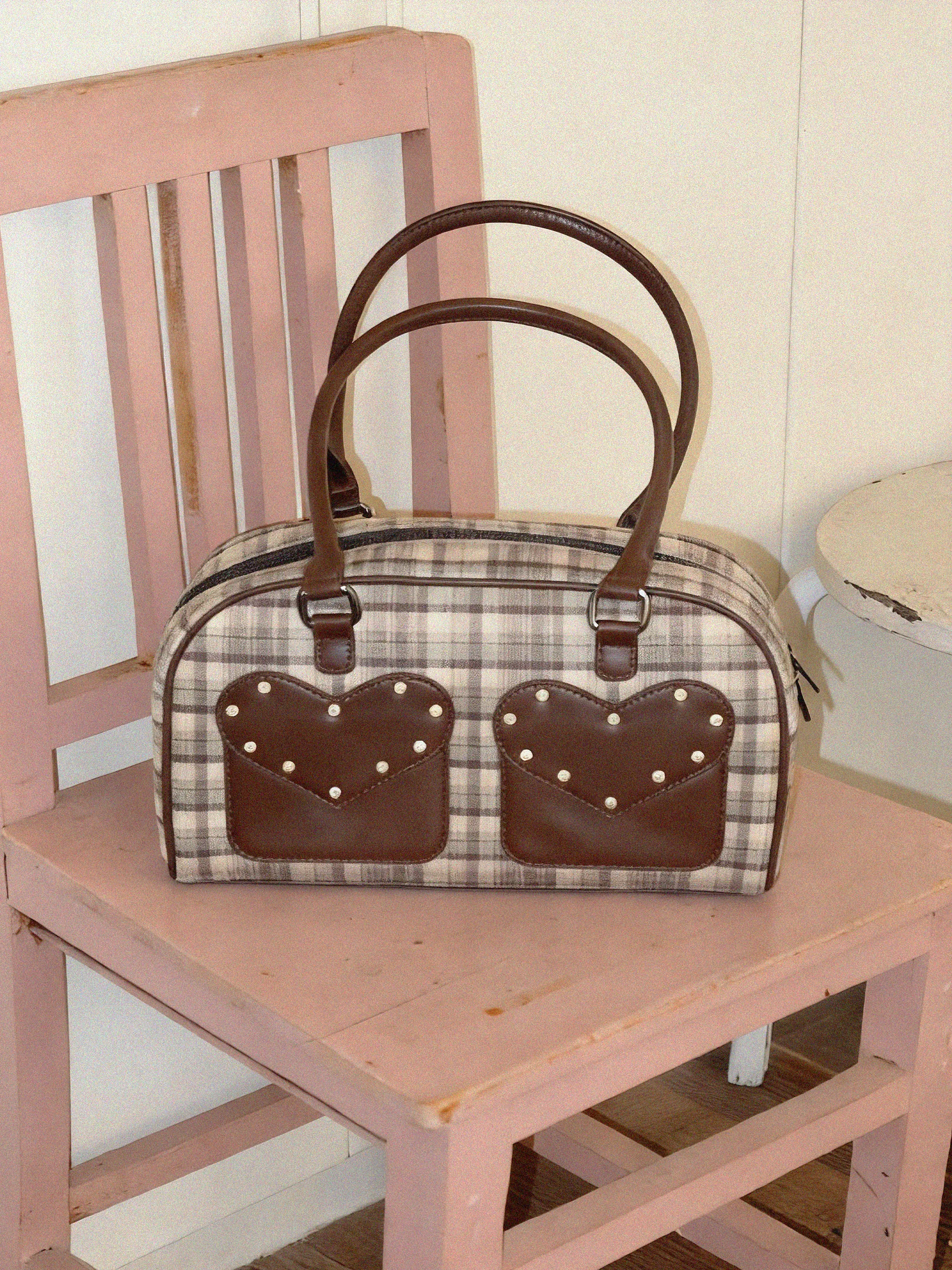 EeerAronster Wish Brownie Heart Pattern Plaid Underarm Bag Single Shoulder Boston Bowling Bag Unisex Original Design Summer Bag