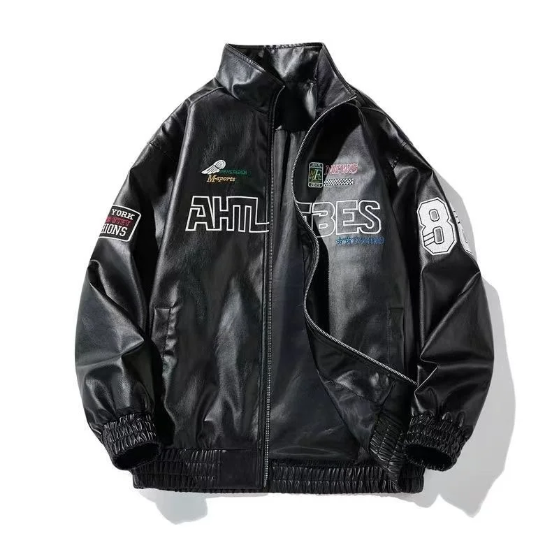 2023 Spring Autumn PU Leather Jacket Hip Hop Motorcycle Zipper Coat Unisex American Versatile Relaxed Letter Print