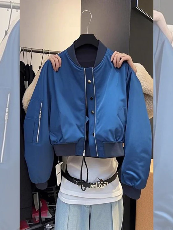 American Style Short Baseball Jacket Women's Spring New Casual Loose Flight Coat Outerwear Blue Stand Collar Button up