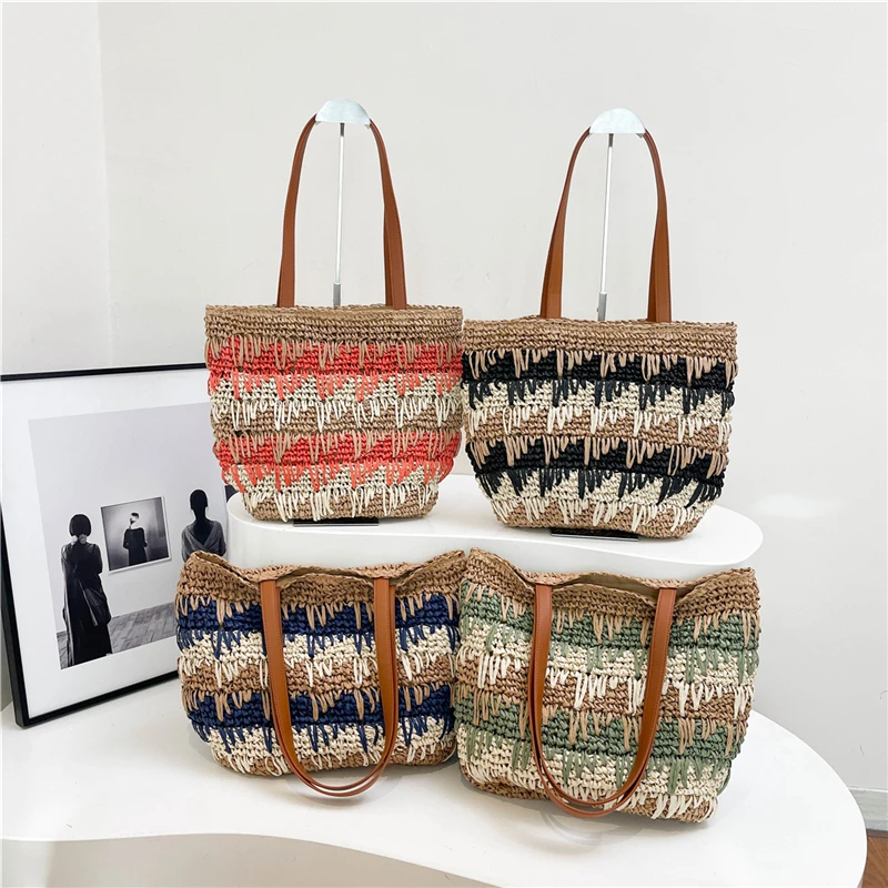

Fashion Color Blocking Women Handbag Summer Handmade Knitted Straw Beach Bag Bohemia New Large Capacity Totes Women Shoulder Bag