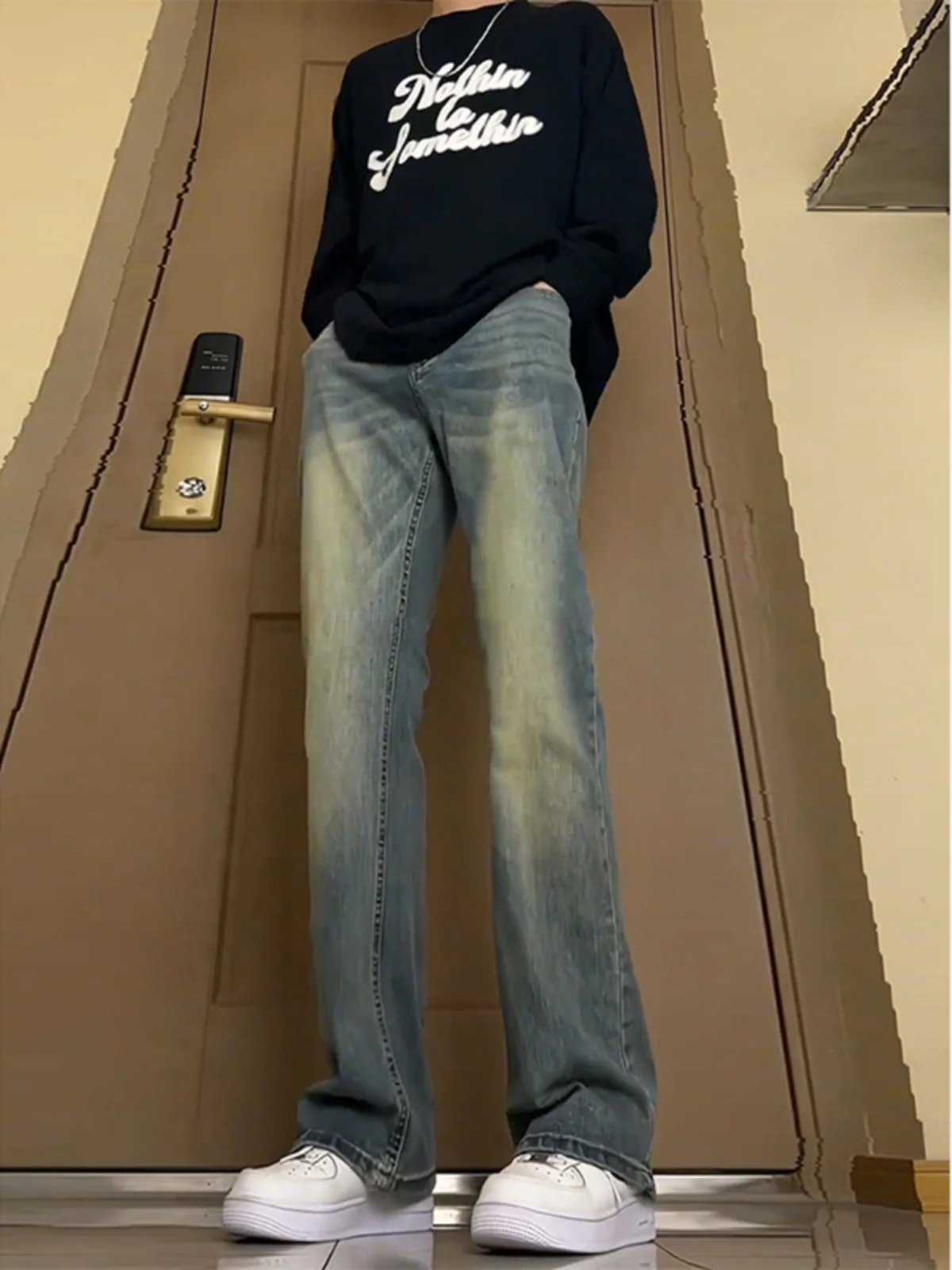 

Retro Blue High Waist Men's Jeans Winter Long Fce Lined Slim Fit OOTD American Sle Bootcut Pants Straight Tube Jeans