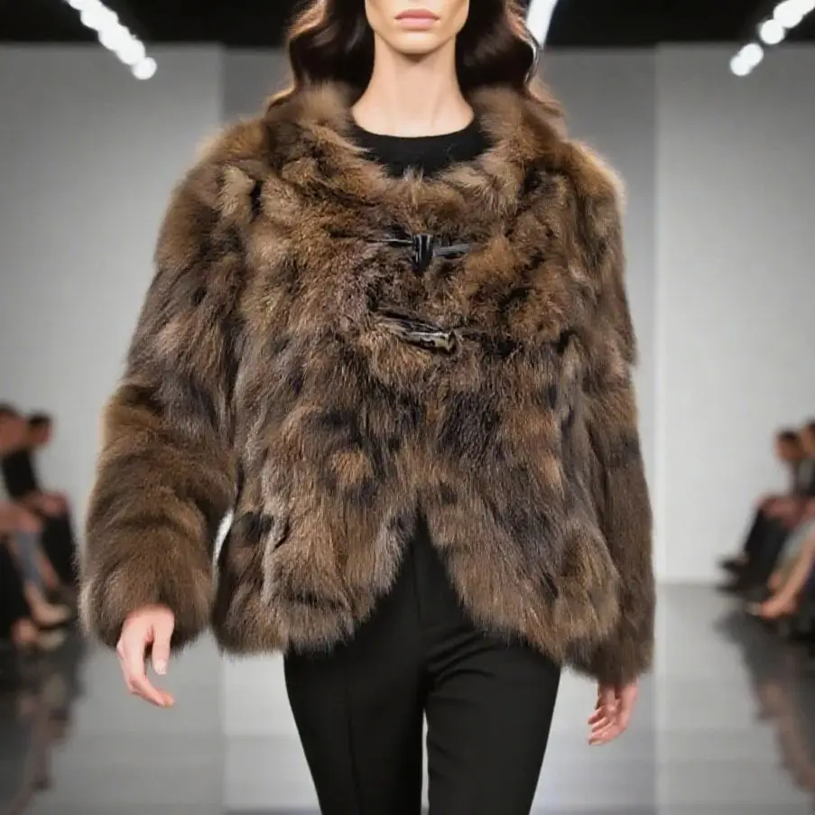 

real fox fur short coat O-neck brown color Leopard print jacket Horn button winter overcoat length 52 CM 241165