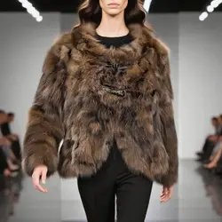 real fox fur short coat O-neck brown color Leopard print jacket Horn button winter overcoat length 52 CM 241165